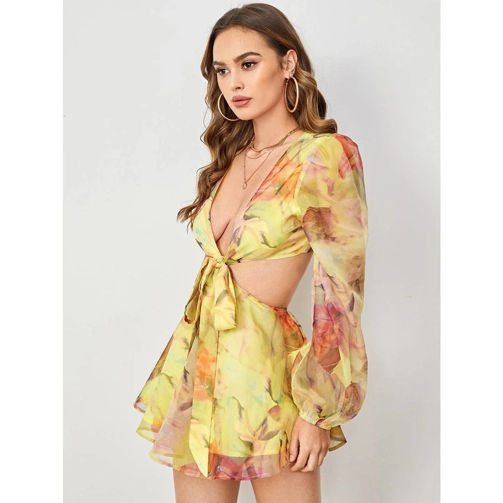 boho Lantern Sleeve Knot Cutout Waist Chiffon Romper - Picture 6 of 11